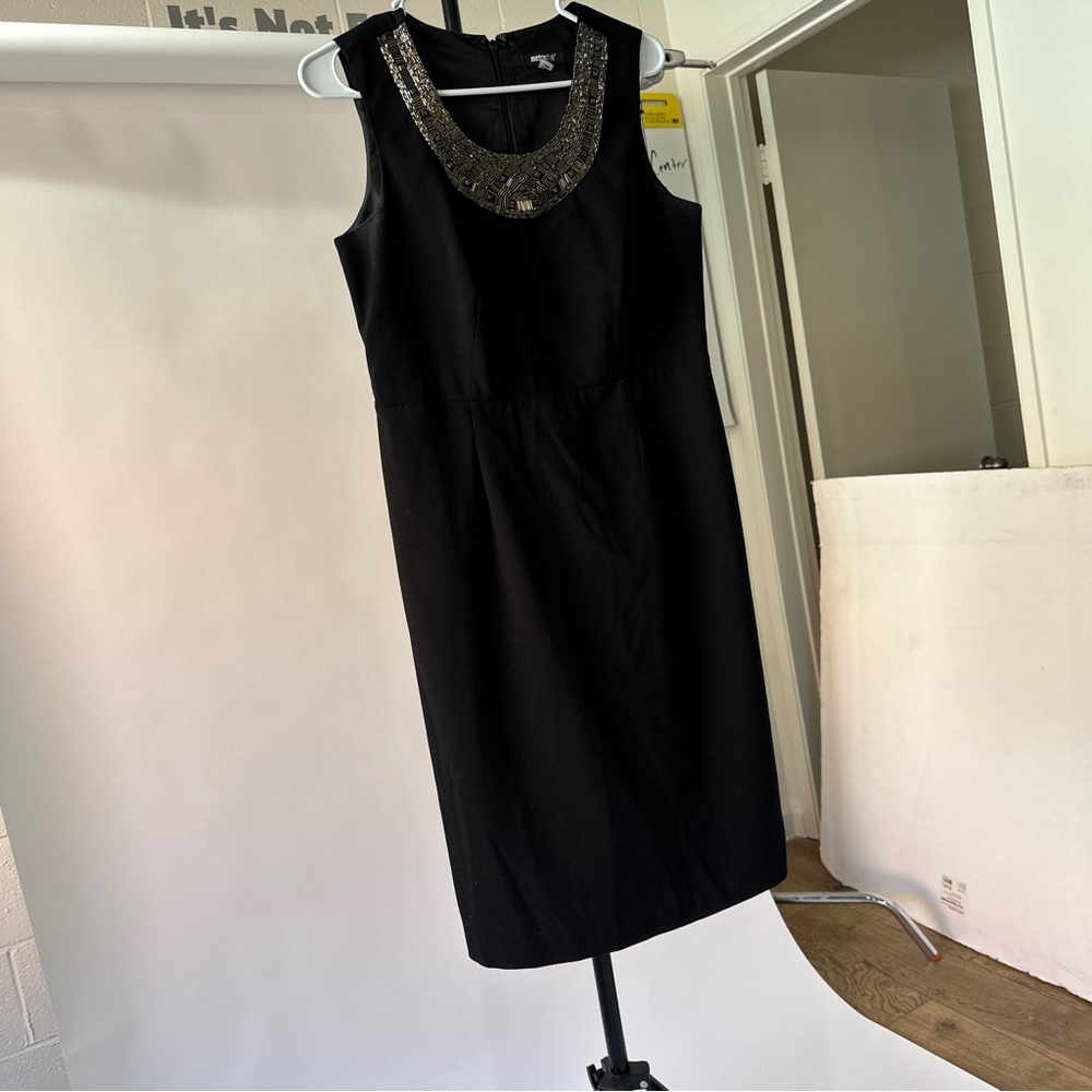 Metrostyle Holiday Party Black Midi Dress with Embellished Neckline